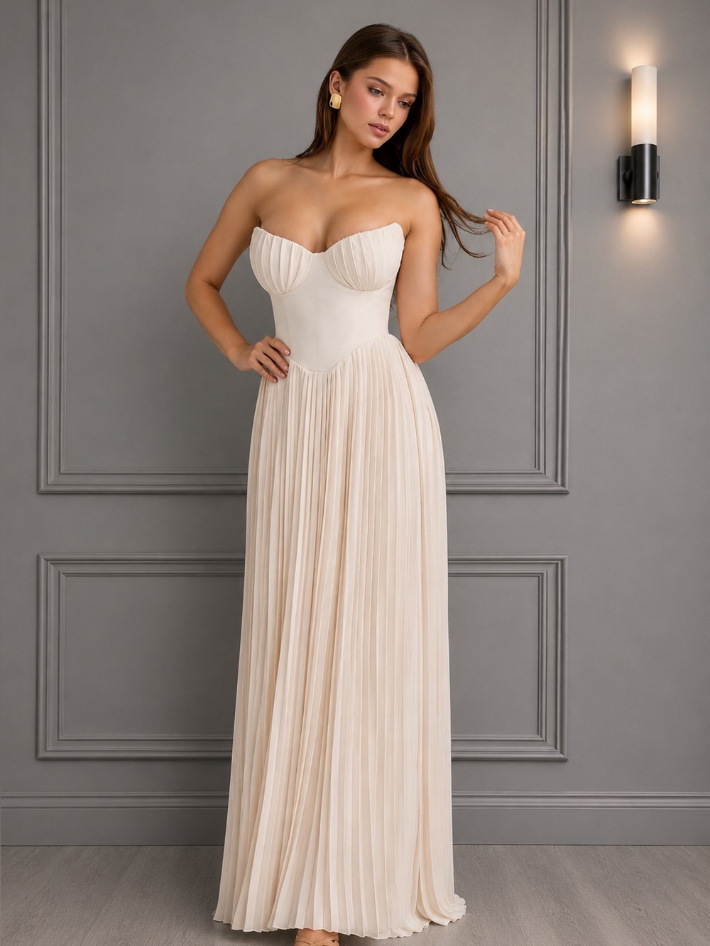 House of CB Ivory Georgette Pleated Maxi Dress M B2845